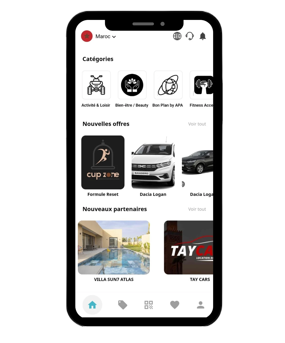 Écran d'accueil de l'application APA Premium : catégories, nouvelles offres et nouveaux partenaires