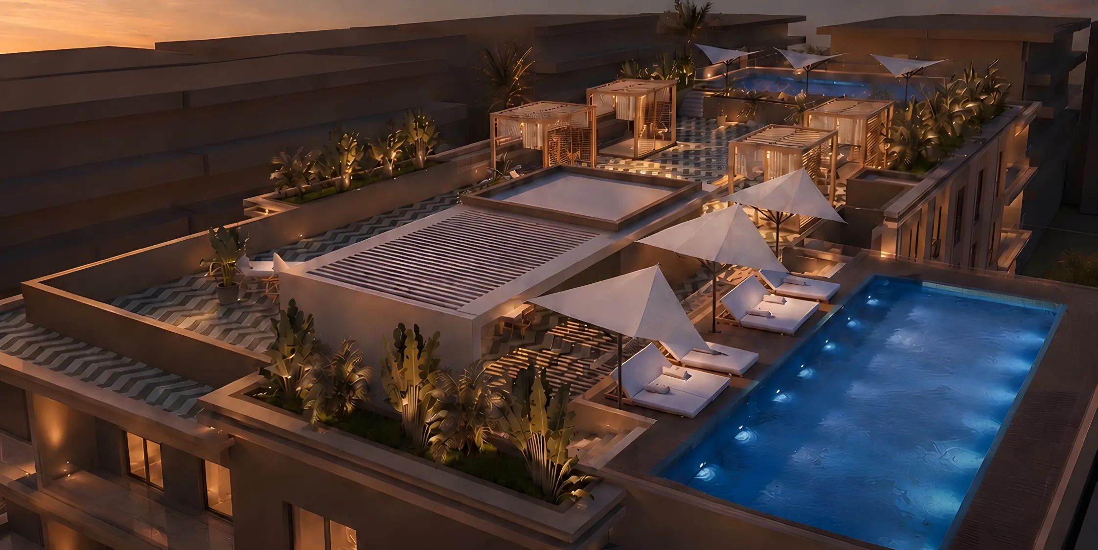 Lunaya Marrakech, piscine sur le toit au crépuscule